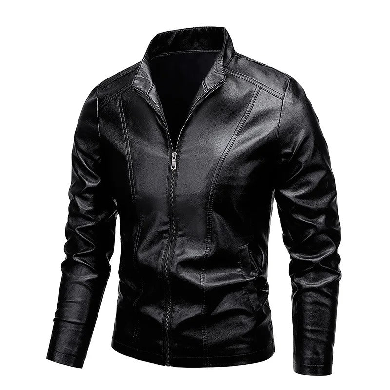 George™ - Slim fit leather jacket with stand-up collar and zip