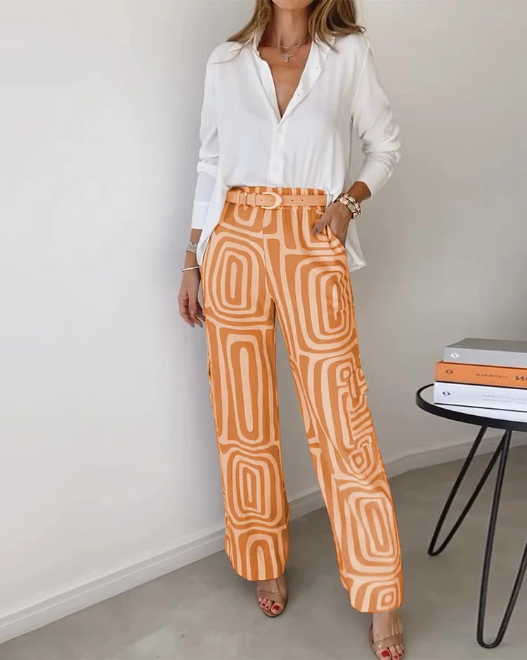 Eleganza Chic Pantalon Set – Inclusief Blouse en Riem