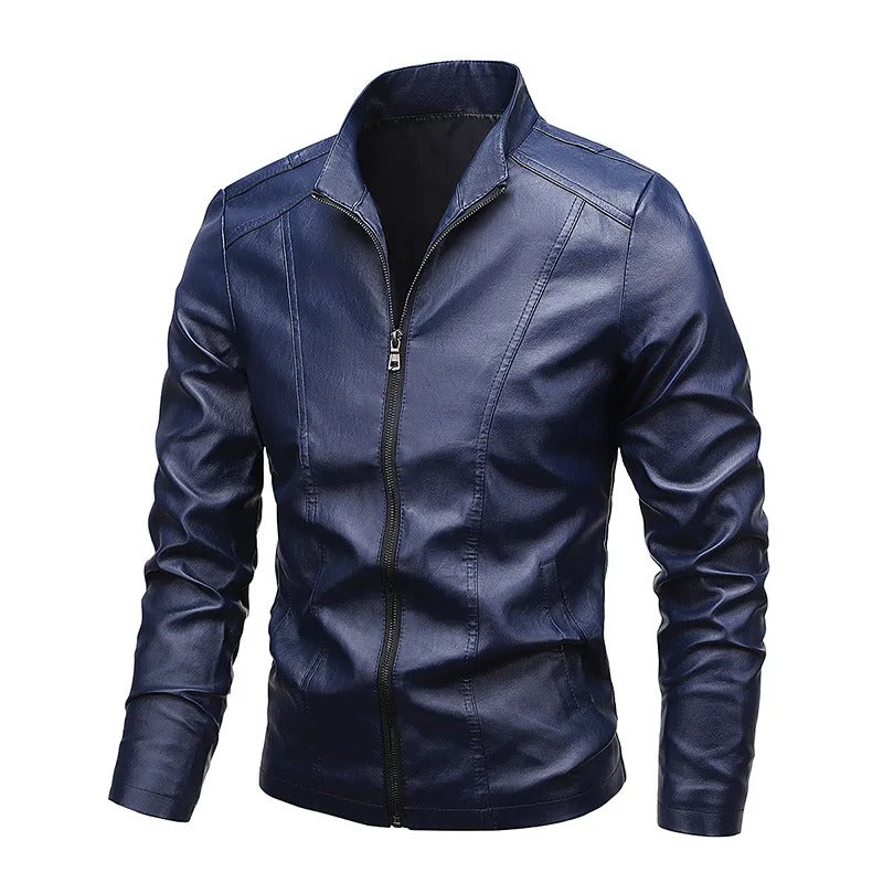 George™ - Slim fit leather jacket with stand-up collar and zip