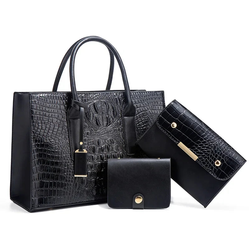 Fay™|Stylish Crocodile Print Handbag Set, Complete with Wallet and Clutch