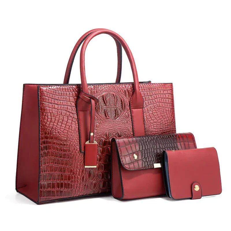 Fay™|Stylish Crocodile Print Handbag Set, Complete with Wallet and Clutch