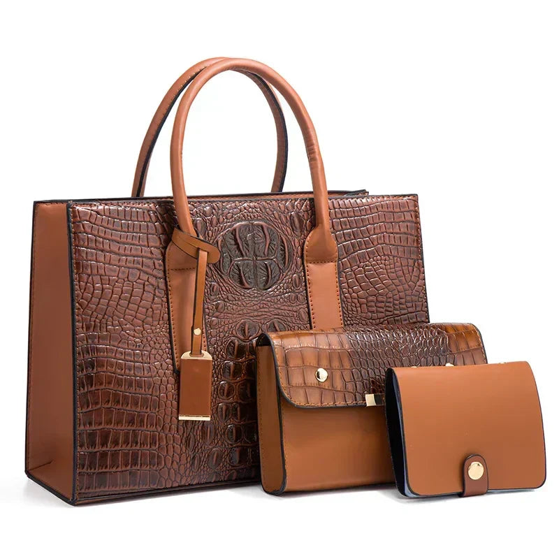 Fay™|Stylish Crocodile Print Handbag Set, Complete with Wallet and Clutch