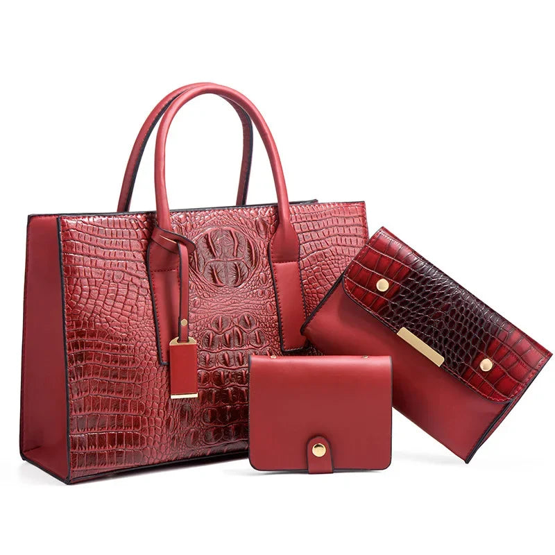 Fay™|Stylish Crocodile Print Handbag Set, Complete with Wallet and Clutch