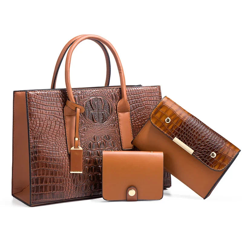 Fay™|Stylish Crocodile Print Handbag Set, Complete with Wallet and Clutch