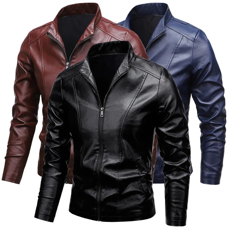 George™ - Slim fit leather jacket with stand-up collar and zip