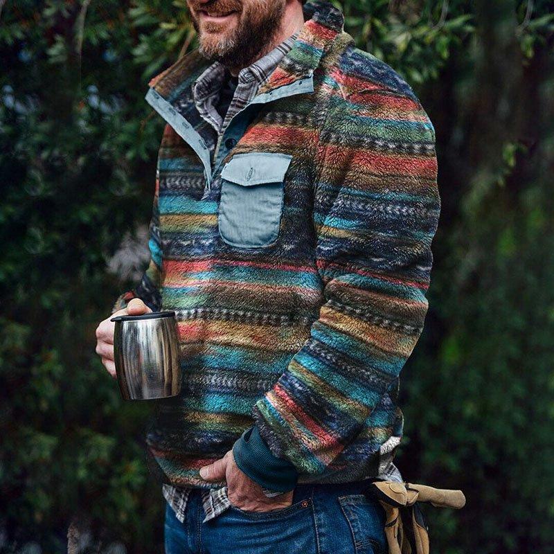 York™ - Stylish retro striped flannel sweatshirt with stand-up collar